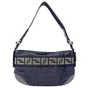 Fendi Baguette Bag Purse RARE FF Logo Zucca Shoulder Black Leather Canvas‎ Zip